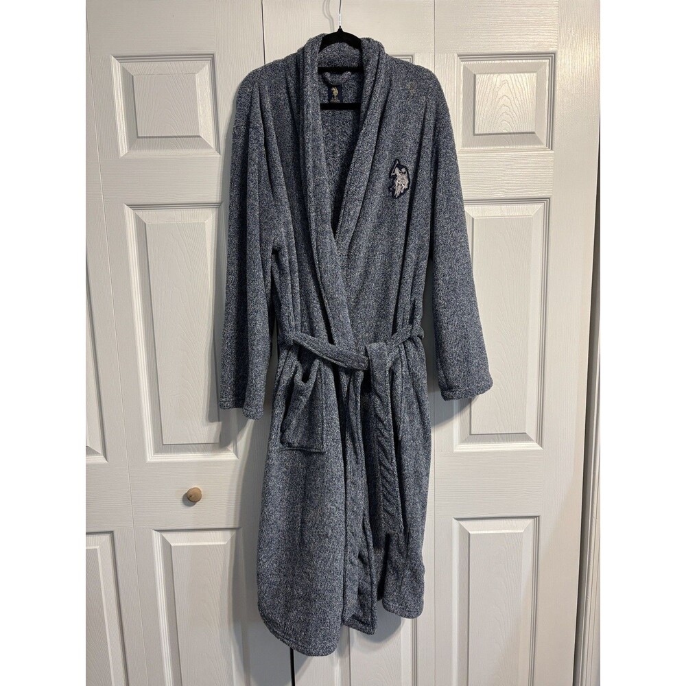 U.S. Polo Assn. Fleece Robe Mens L/XL Blue Belted Logo Bathrobe Soft Plush Cozy